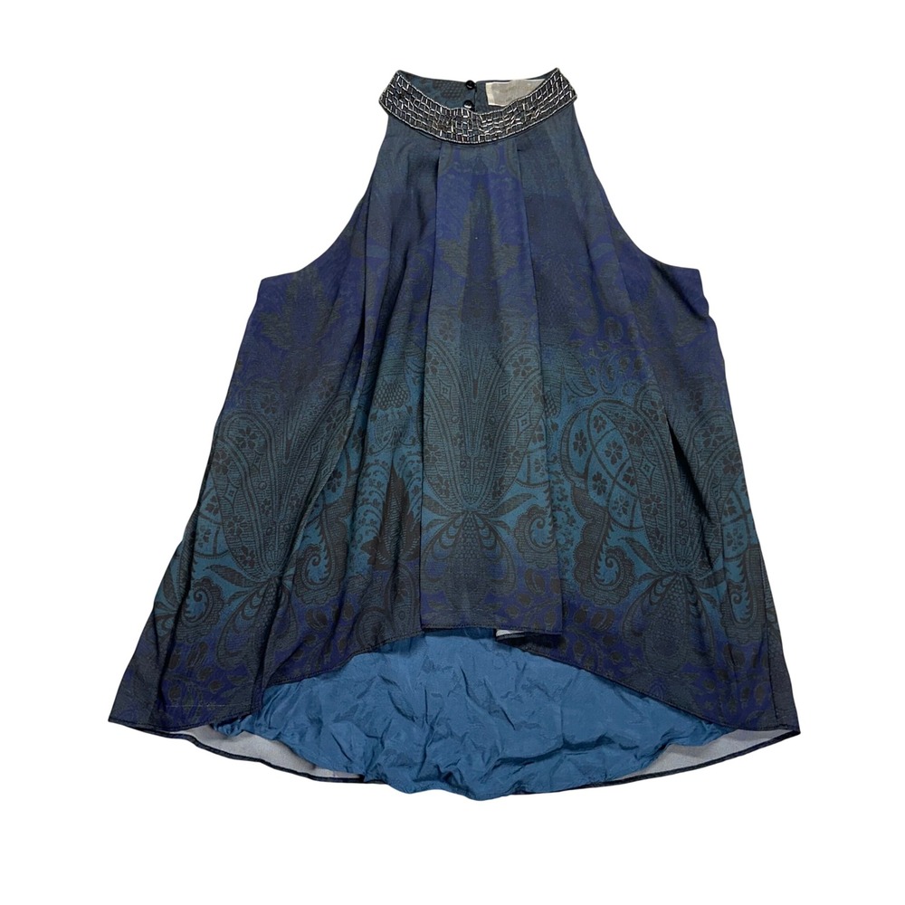 New Friends Colony Blue Paisley Beaded Halter Top High Low Sleeveless Small
